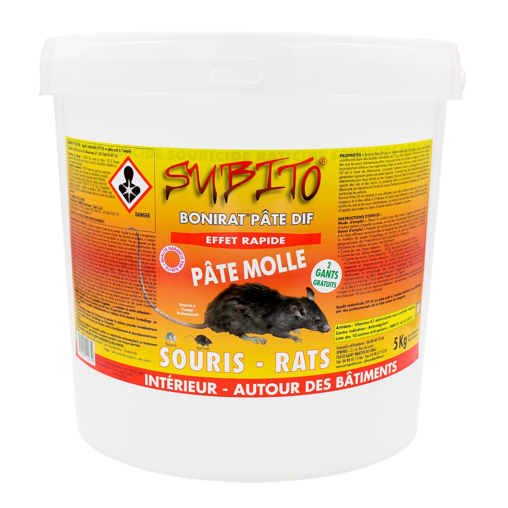 Bonirat pâte DIF raticide souricide pâte molle seau de 5 kg de Subito | Insecticide Antinuisible Qualité Professionnelle